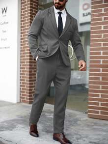 Manfinity Mode Men's Plus Size Solid Lapel Neck Long Sleeve Blazer And Pants Business Travel Set, Formal, Ceremony - Grey - View 3