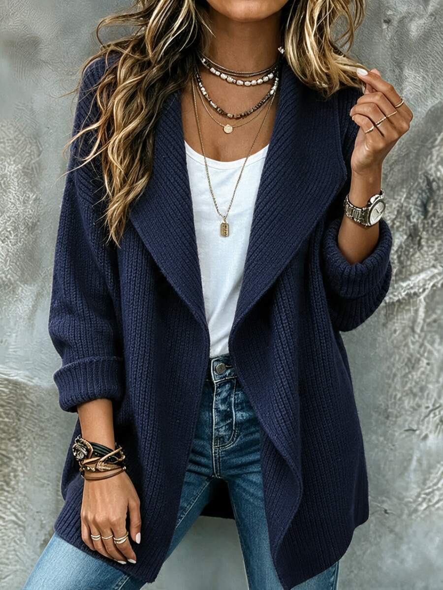SHEIN Waterfall Collar Drop Shoulder Cardigan - Navy Blue - View 1