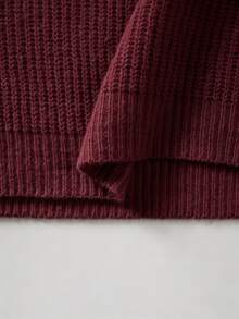 SHEIN New Spring Fall Korean Lazy Textured Knit V Neck Jumper Women Long Sleeve Loose Fit Short Length Casual - Burgundy - View 3