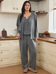 Doze Lane Women's Casual Plus Size 3 Pieces Pajama Set - Grey - View 5