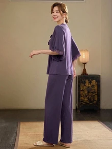 DAZY 2pcs/Set Women's Lace Patchwork V-Neck 5-Sleeve Loose T-Shirt & Straight Leg Long Pajama Pants Sleepwear Set - Purple - View 2