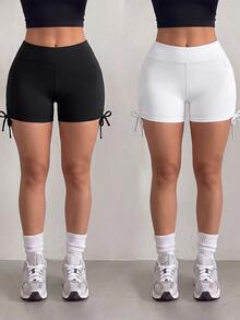 SHEIN Sovereign Charm Women's Plus Size Solid Color Pocket Tie Design Sports Shorts - Black and White - View 10
