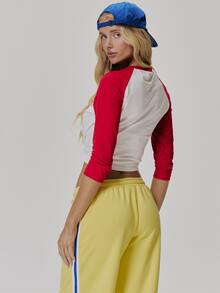 MUSERA Red And White Contrast 3/4 Sleeve Top Fall Autumn Winter Coolgirl Style Casual - Red and White - View 5
