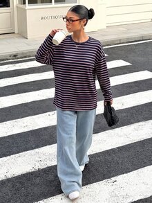 Muchica 女款寬鬆黑色條紋露背綁帶長袖T恤，適合穿搭、返校季、街頭風露背上衣 - 黑與白 - 查看 5