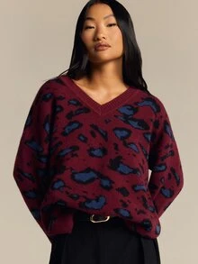 COSMINA Women's V-Neck Leopard Print Casual Versatile Daily Wear Long Sleeve Sweater - Multicolor - View 5