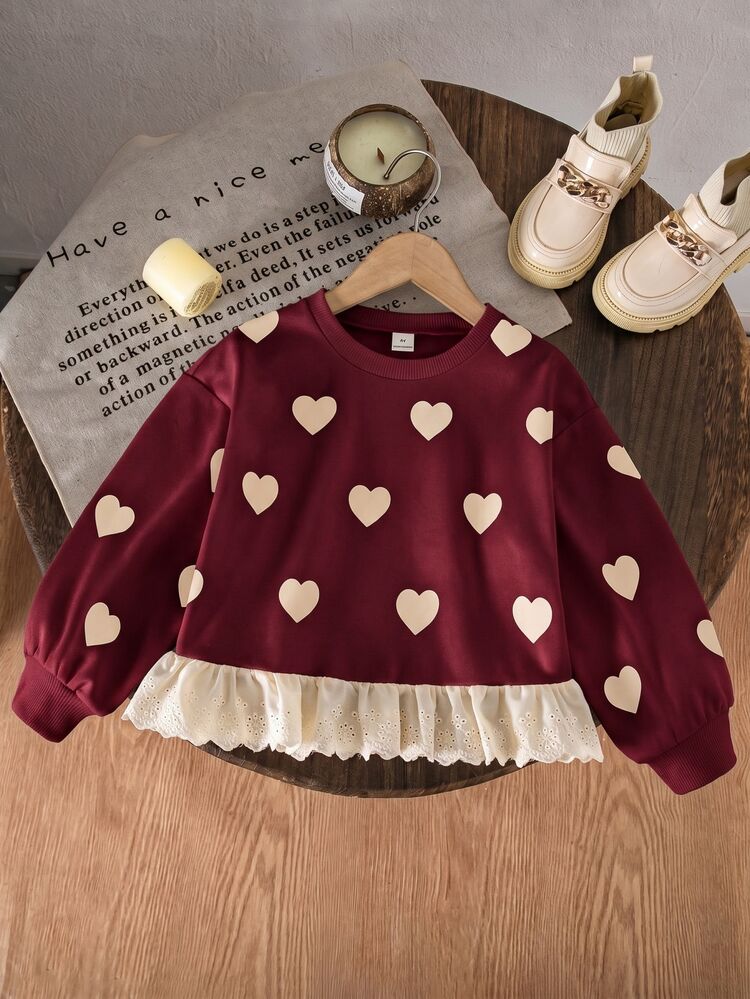 Genkimix Kids Girls' Minimalist Fashionable English Slogan Embroidered 3D Bow Decor Hem Patchwork White Ruffle Trim Gray Fleece Loose Drop Shoulder Long Sleeve Crew Neck Pullover Sweatshirt, Autumn - Burgundy - View 6