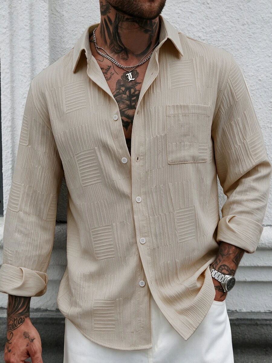 Manfinity Homme Men's Long Sleeve Single-Breasted Casual Pocket Shirt - Khaki - View 1