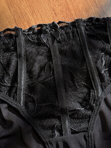 Divavoom Women's Sheer Leaf Lace Lingerie Set, Underwire Unlined Bra & Matching Mesh Panty, Adjustable Thin Straps Mini Bow Decor 2 Pieces See Through Intimate - Black - View 5