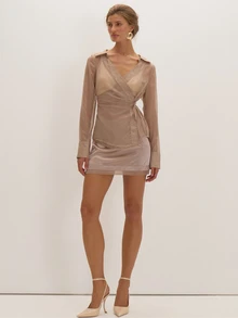 MUSEYN Beige Organza Sheer Tie Shirt Versatile Lounge Everyday Date Night Chic New Season Fall - Khaki - View 2