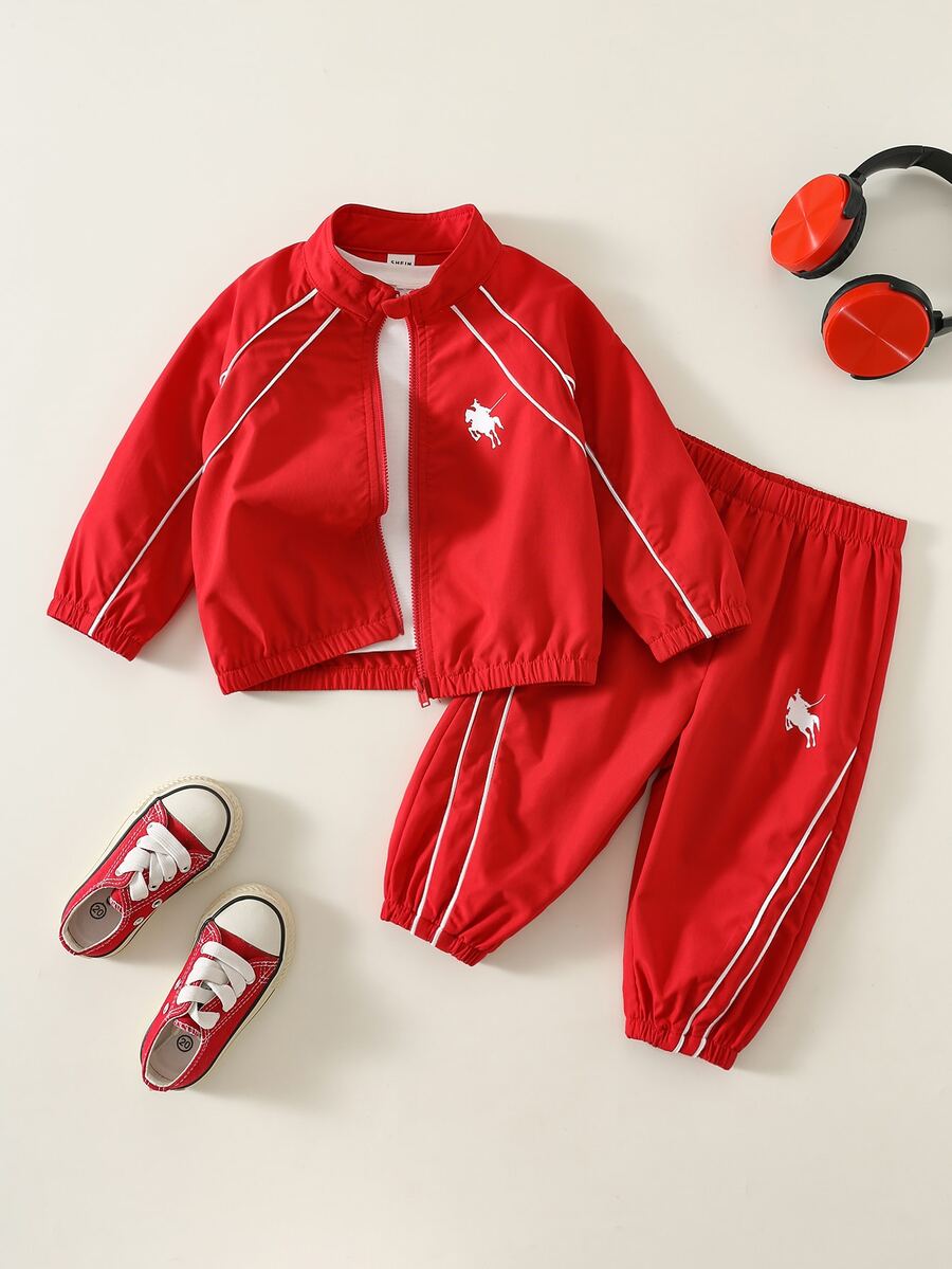 SHEIN 2pcs Baby Boy Autumn/Winter Casual Sweatshirt And Pants Set, Sweatshirt Set, Infant Set, Autumn/Winter Set, Sports Set, Red Set - Multicolor - View 1