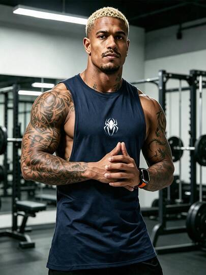 Acti Log Men's Spider Print Fitness Sleeveless Tank Top Loose Sports Training Summer Basketball Top, Gym