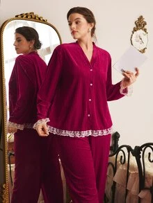 Côtesoire Plus Size Women's French Elegant Velvet Contrast Color Lace Long Sleeve Pants Pajama Set - Burgundy - View 6