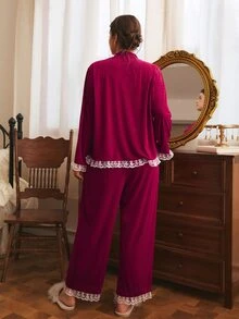 Côtesoire Plus Size Women's French Elegant Velvet Contrast Color Lace Long Sleeve Pants Pajama Set - Burgundy - View 2