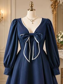 Rometta Plus Size Women Bowknot Decor Long Sleeve Casual Dress - Navy Blue - View 5