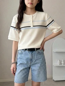 DAZY Basic Collared Striped Colorblock Short Sleeve T-Shirt For Tween Girls - Beige - View 4