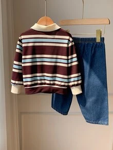 SHEIN 嬰兒男/女童、幼兒 2件組秋冬抓絨加厚休閒可愛條紋 POLO 套裝、衛衣套裝、丹寧牛仔褲、嬰兒冬季套裝、聖誕節 - 咖啡棕 - 查看 2