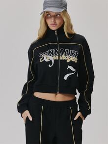 MUSERA Jaket Track Berkerah Tinggi dengan Resleting dan Grafis Kontras, Lucu, Gaya Vintage Y2K untuk Sehari-hari, Cocok untuk Kembali ke Sekolah Dasar - Hitam - View 2
