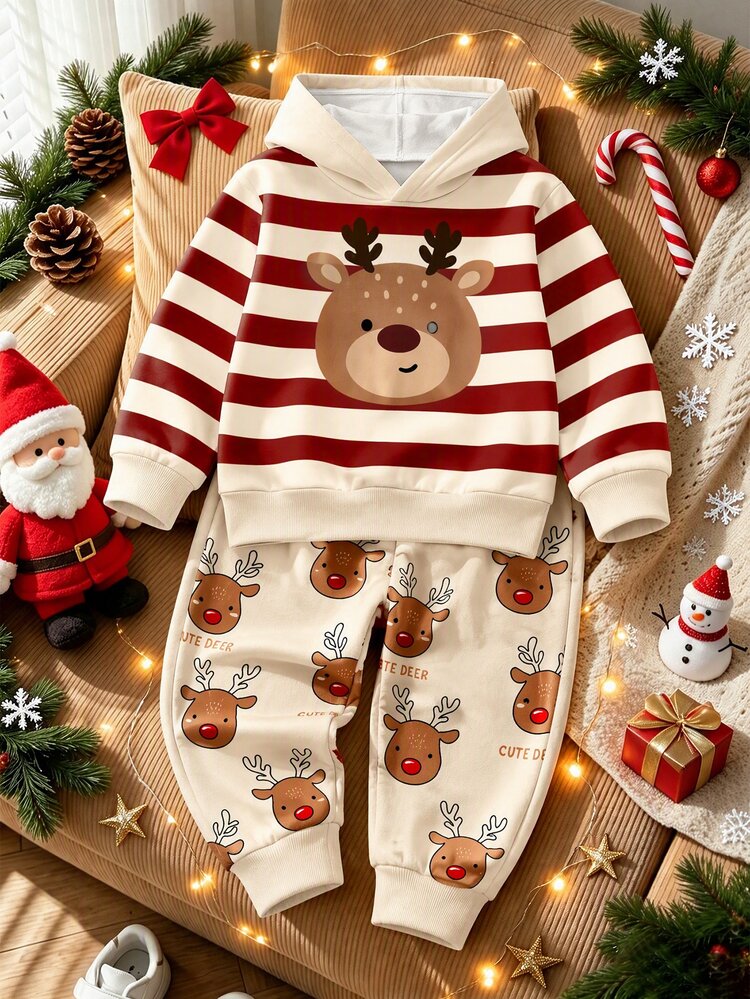 Young Boys Casual Minimalist Loose Fit Long Sleeve Hooded Sweatshirt 2 Pieces Set, Suitable For Autumn/Winter, Classic Christmas Stripe Pattern Print, Classic Christmas Cartoon Reindeer Pattern Print, Suitable For Christmas - Multicolor - View 3