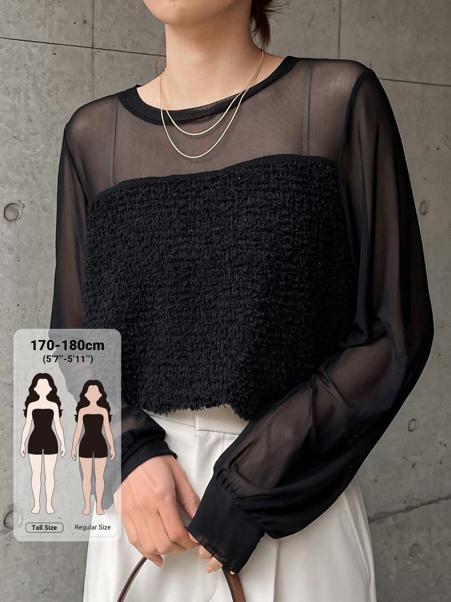 Dazy Tall Women's Round Neck Lace Patchwork Loose Fit Elegant Pullover T-Shirt - Black - View 1