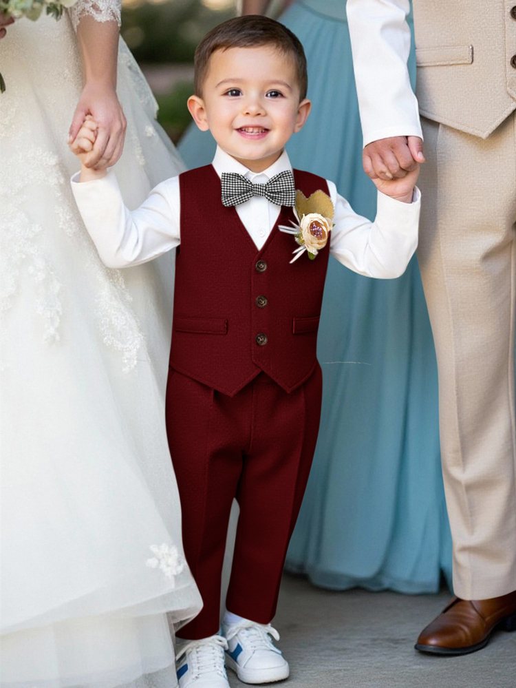 SHEIN Young Boy 3-Piece Suit: Khaki Vest, Elastic Waist Pants, Bow Tie & Long Sleeve Shirt, Gentleman Style, Spring/Summer,In Fall/Winter - Burgundy - View 1