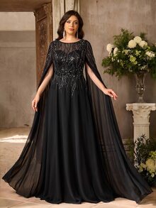 Aureia Plus Size Elegant Glamorous Black Sequin Embroidered Patchwork Chiffon Round Neck Water Sleeve Burnout Print Exquisite Craftsmanship Ruched A-Line Hem Evening Gown Suitable For All Formal Occasions (Heavy Work Design) - Black - View 1