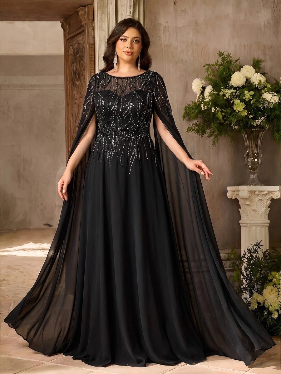 Aureia Plus Size Elegant Glamorous Black Sequin Embroidered Patchwork Chiffon Round Neck Water Sleeve Burnout Print Exquisite Craftsmanship Ruched A-Line Hem Evening Gown Suitable For All Formal Occasions (Heavy Work Design) - Black - View 1