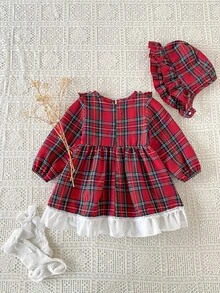 SHEIN 2pcs Baby Girls Princess Dress Sweet Red Plaid Bow Ruffle Lace Trimmed Hem Long Sleeve Ruffle Regular Winter Holiday Burgundy Chic Match Hat - Red - View 2