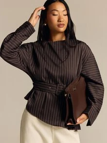 COSMINA Women's Long Sleeve Brown Striped Shirt With Belt And Asymmetrical Hem, Autumn/Winter - Brown - View 3