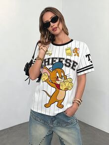 TOM & JERRY X SHEIN 女款字母條紋印花圓領短袖休閒T恤 - 白色 - 查看 3