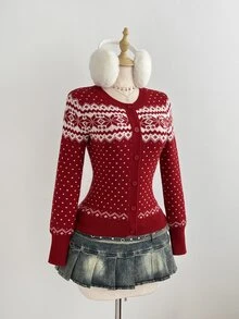 Elamini Women's Casual Versatile Christmas Jacquard Knit Cardigan Sweater For Daily Wear, Autumn/Winter - Red - View 3