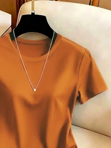 GlowEve 女款夏季優雅純色蕾絲拼接不對稱下擺T恤 - 橘色 - 查看 3