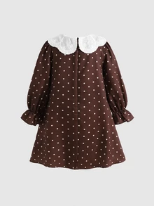 SHEIN 女童拼色彼得潘領波點洋裝，正式場合派對聚會晚宴，秋冬新款日常休閒度假慶典 - 咖啡棕 - 查看 2