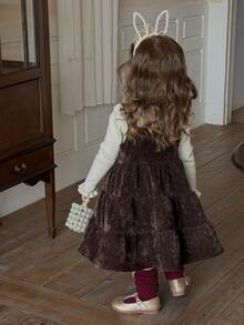 DAZY Infant/Toddler (Girl) Solid Color Autumn/Winter Layered Korean Style Casual Pinafore Dress - Coffee Brown - View 2