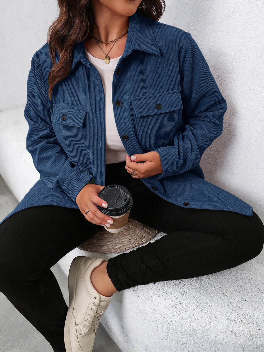 SHEIN LUNE Plus Size Women's Solid Color Long Sleeve Utility Pocket Casual Jacket, Spring & Fall Winter Autumn - Blue - View 1