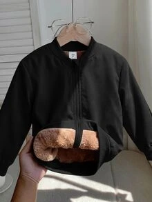 SHEIN 男童燈芯絨抓絨內裡拉鍊棒球夾克加厚外套，超高CP值，適合通勤、上學、日常休閒、大學、旅行、運動，秋冬款 - 黑色 - 查看 3