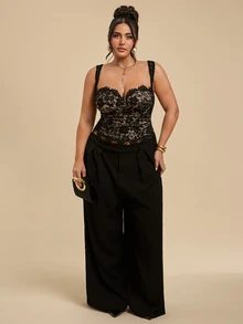 SHEIN BAE CURVE Plus Size Women Sexy Lace Tank Top For Date & Vacation - Black - View 3