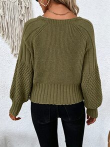 EMERY ROSE 女款落肩袖紋理針織開襟衫，長袖上衣，秋冬服飾 - 軍綠色 - 查看 2