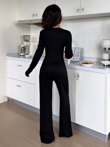 ZzzCrew Solid Color Slim Fit Letter Print Contrast Trim Wide Collar Long Sleeve Women's Pajama Set - Black - View 2