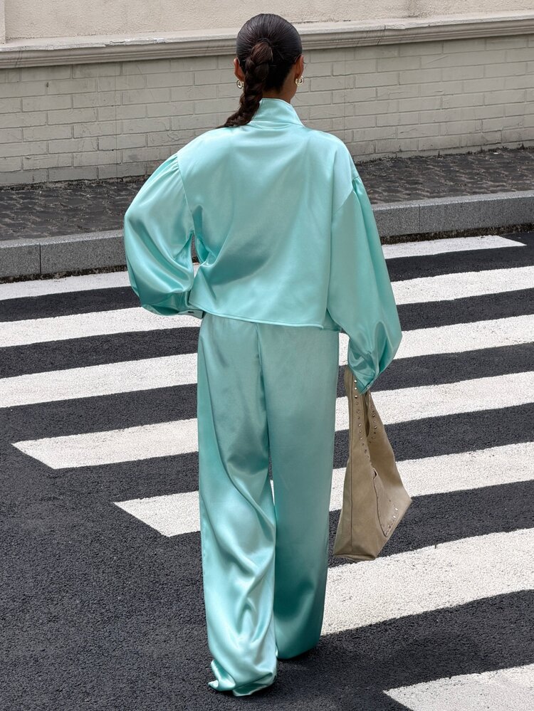 Muchica 女款純色長袖上衣與長褲休閒日常兩件套 - 薄荷藍 - 查看 2