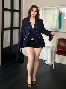 Vibekara Vintage Stand Collar Double-Breasted Short Jacket For Women, Flared Long Sleeve Asymmetrical Ruffle Hem Cinched Waist Sexy Jacket Fall - Navy Blue - View 7