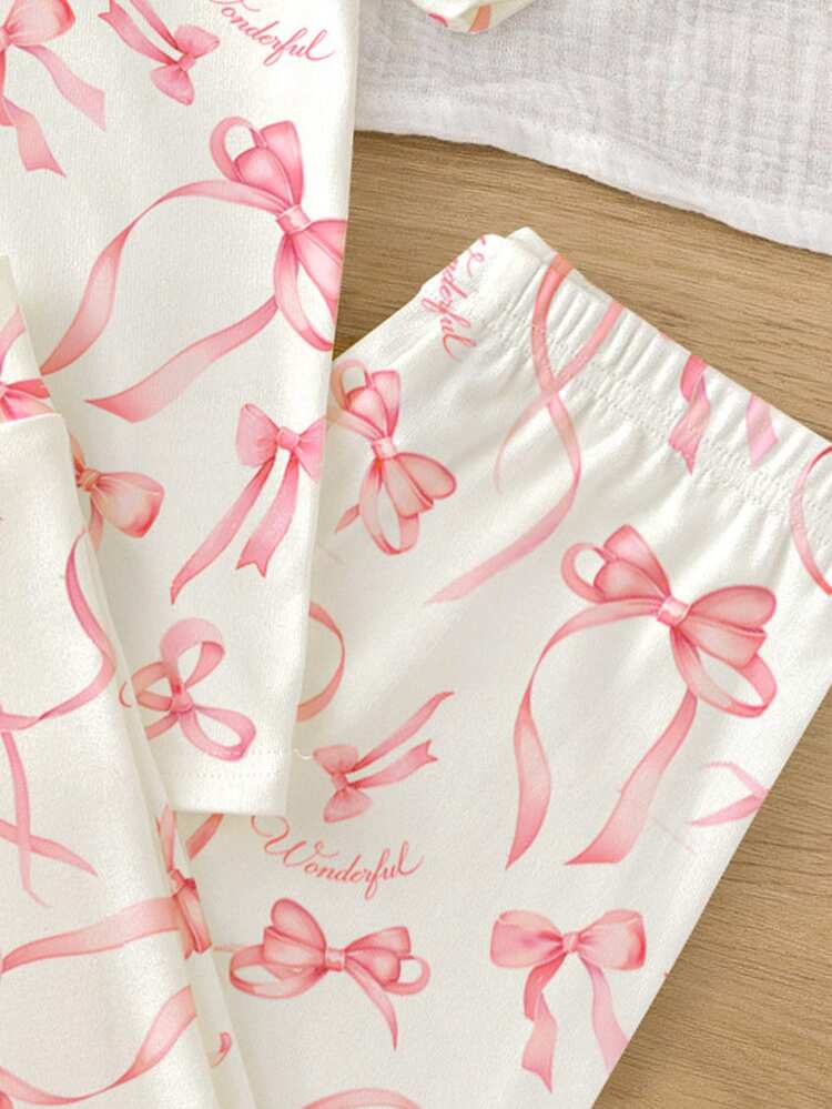 Tween Girl Casual Minimalist Cute Sweet Bow Print, Sweet Cream Style, Comfortable Short Sleeve Long Pants Patchwork Leg Opening Snug Fit Loungewear Suitable For Spring/Summer, Graphic, Squishy, Kawaii, Cozy - Multicolor - View 6