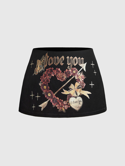 Vintage Low Waist Matte Velvet Heart Wreath Print Women's Skirt