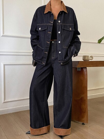 DAZY Women's Loose Jacket And Long Pants Casual Denim Set