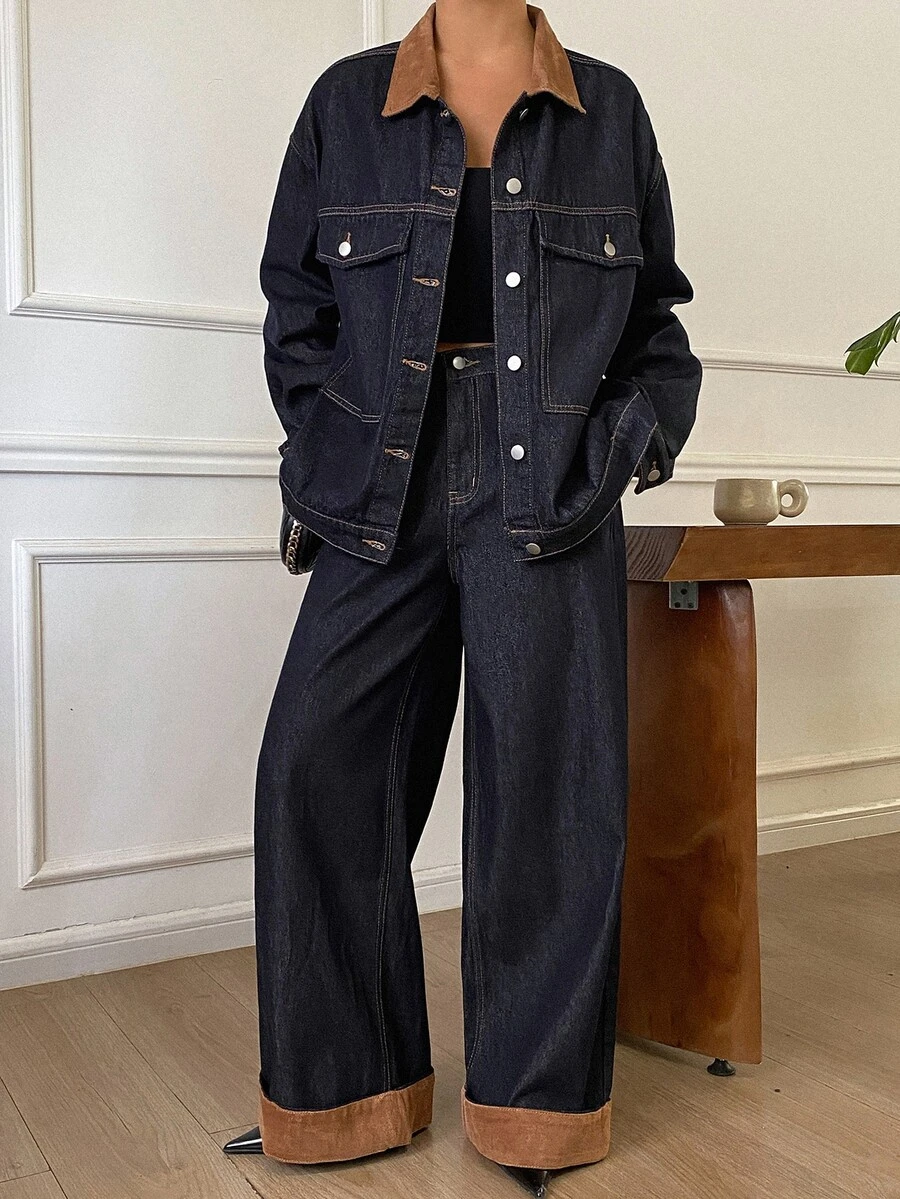 DAZY Women's Loose Jacket And Long Pants Casual Denim Set - Dark Wash - View 1