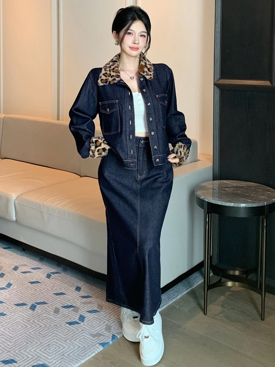 DAZY Women's Leopard Print Contrast Color Long Sleeve Jacket And Skirt Casual Denim Set - Dark Wash - View 1