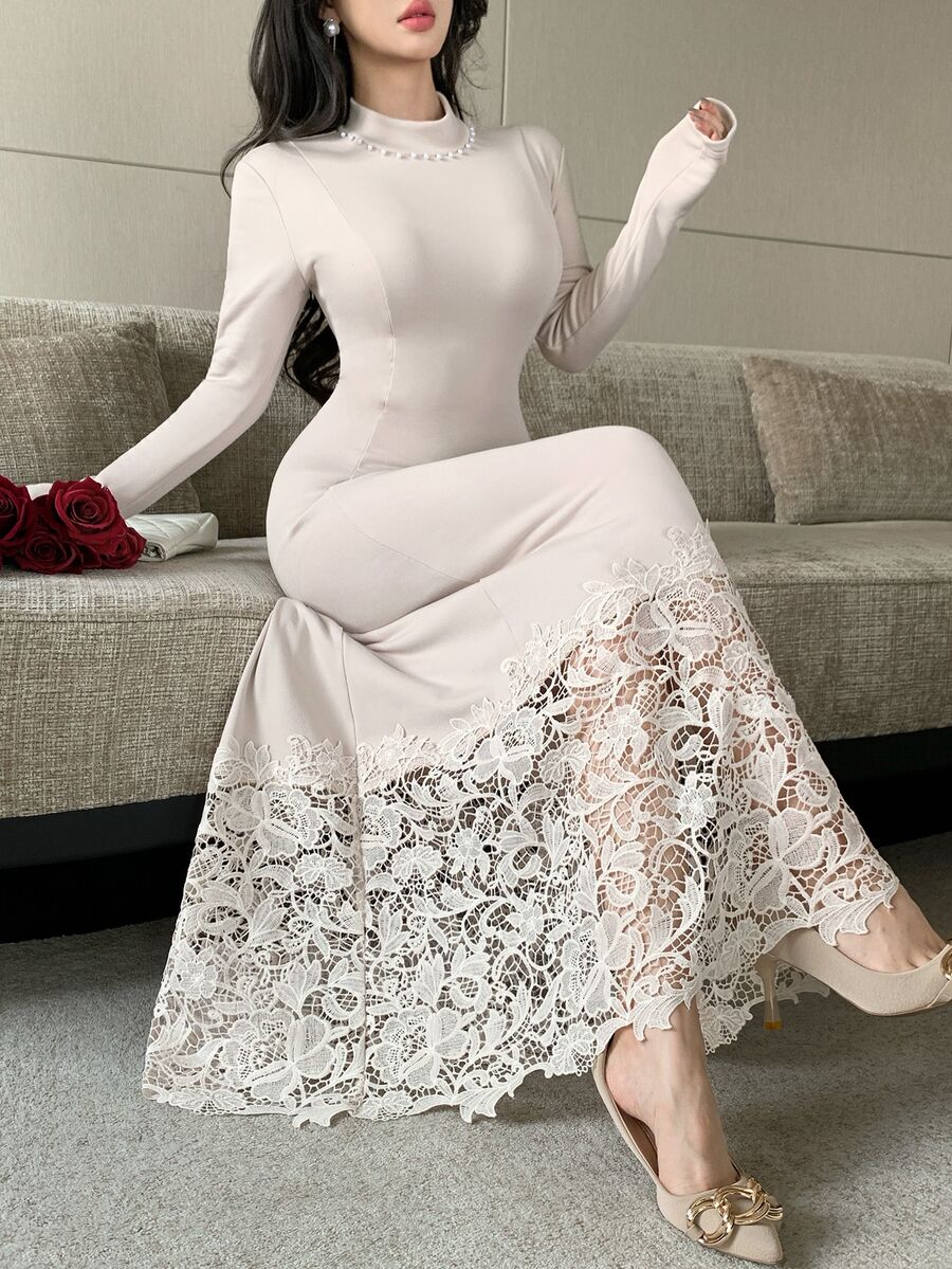 Feyla Ny fransk vintage elegant bodycon-klänning med hög hals, spetskant och patchwork, figursydd - Aprikos - Visa 1