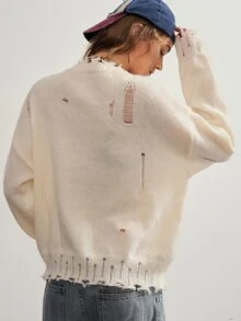 Bohemela Suéter de mujer de moda con efecto desgastado y jacquard para vacaciones y días festivos - Beis - Ver 8