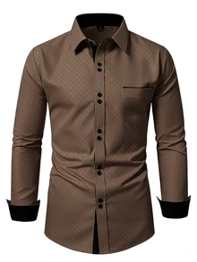 Manfinity Mode Men's Formal Casual Streetwear Versatile Commute Striped Patchwork Long Sleeve Shirt - Brown - View 2