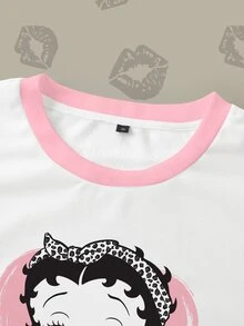Betty Boop x SHEIN بلوزة رياضية كاجوال يومية بأكمام طويلة وياقة دائرية بنقشة كرتونية مقاس كبير - أبيض - مشاهدة 4