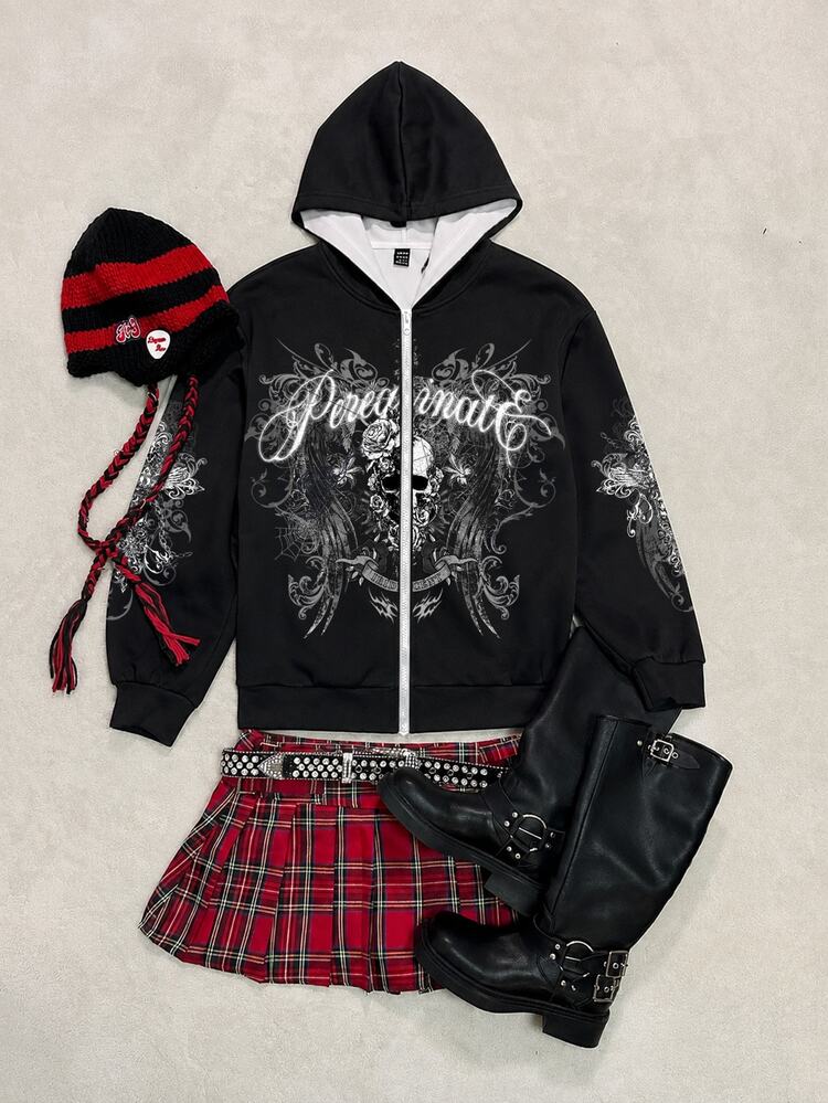 SHEIN EZwear Street Punk Black Full Print Women's Hooded Zip-Up Fleece Sweatshirt - Multicolor - View 1